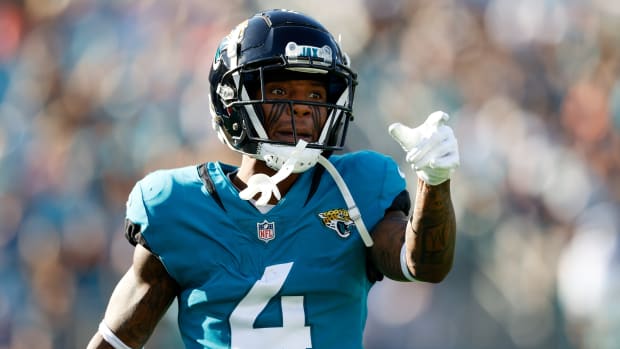 Jan 9, 2022; Jacksonville, Florida, USA; Jacksonville Jaguars wide receiver Jaydon Mickens (4) reacts after a play in the second half against the Indianapolis Colts at TIAA Bank Field.